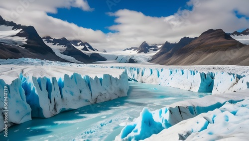 A breathtaking view of a glacier with deep crevasses and a backdrop of rugged mountain peaks. 