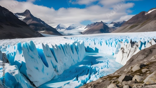 A breathtaking view of a glacier with deep crevasses and a backdrop of rugged mountain peaks. 