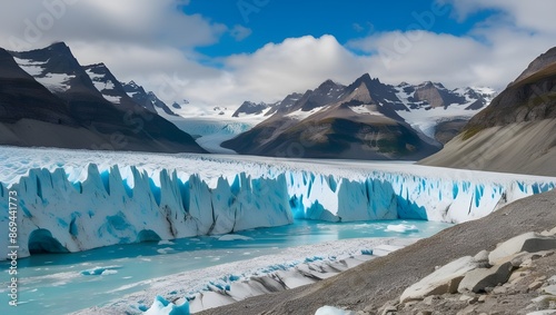 A breathtaking view of a glacier with deep crevasses and a backdrop of rugged mountain peaks. 