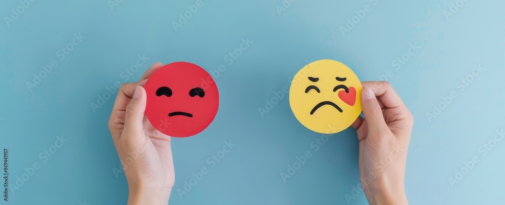 Hand holding paper cut happy smile face against blue background, mental health assessment, World Mental Health Day concept
