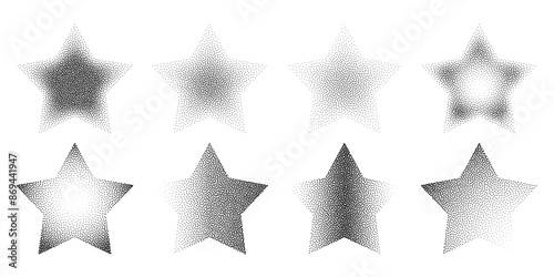Abstract black stipple gradient halftone star textures isolated on a white background. Geometric noise star patterns are made of simple dots and grains. Vector illustration
