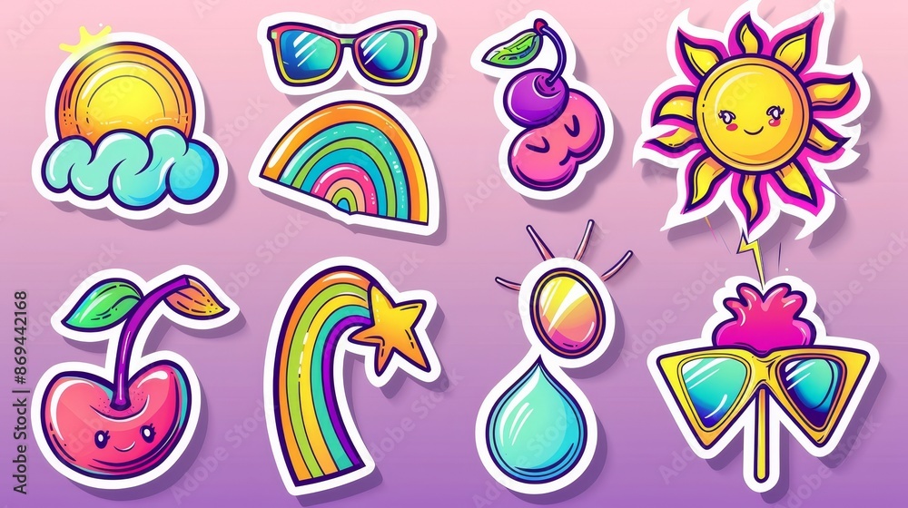 Obraz premium This set of retro groovy stickers features a rainbow, sun character, disco ball, lightning and eye. Psychedelic rave icons with love symbol, cherries, heart-shaped glasses in contemporary style.