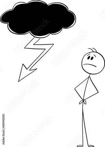 Unhappy person watching storm cloud , vector cartoon stick figure or character illustration.