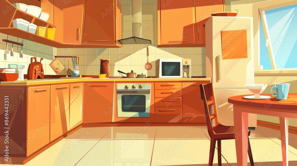 Design of a modern kitchen interior with furniture and tableware. Cartoon illustration of a morning coffee cup on a table, brown drawers on the walls, a fridge, microwave oven, and the sun passing Design of a modern kitchen interior with furniture and tableware. Cartoon illustration of a morning coffee cup on a table, brown drawers on the walls, a fridge, microwave oven, and the sun passing