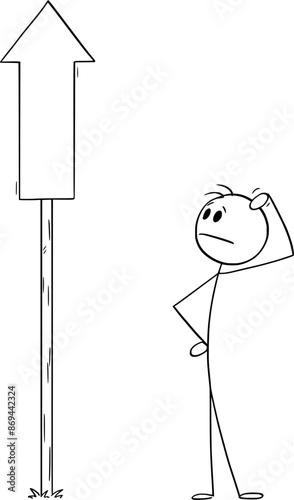 Person looking at up road arrow sign, vector cartoon stick figure or character illustration.
