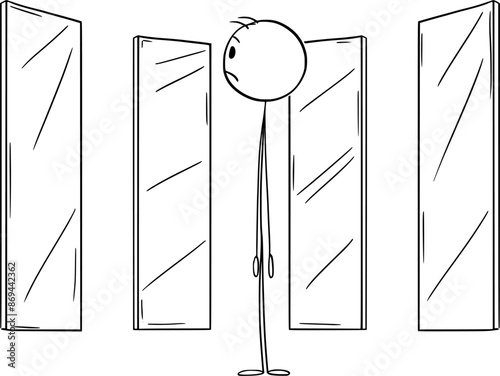 Person looking at themselves in mirrors, but sees nothing , vector cartoon stick figure or character illustration.