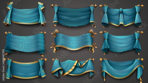 An isolated 3d blue hanging pennon is shown on transparent background. It is a royal or knight vintage pennant with golden border, ragged or tattered edge, and is available in various shapes.