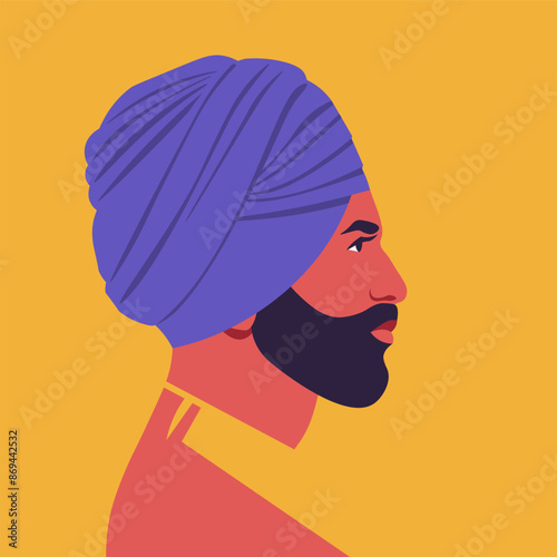 Portrait of a young Sikh man with a beard in a turban Profile of a businessman. Side view. Vector flat illustration