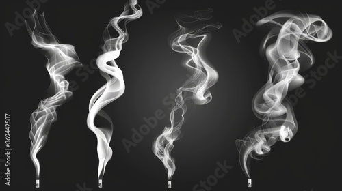 Vape smoke circle and tornado modern effect. 3D realistic abstract white cigarette cloud steam swirl set. Isolated mist flow motion frame and wave curve illustration on black background. © Bundi