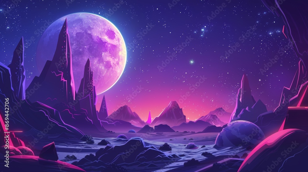 Obraz premium This is a cartoon alien planet landscape with neon blue crystals. Illustration of a space adventure game background with rocky stones, asteroids and meteorites flying in a night sky with stars.