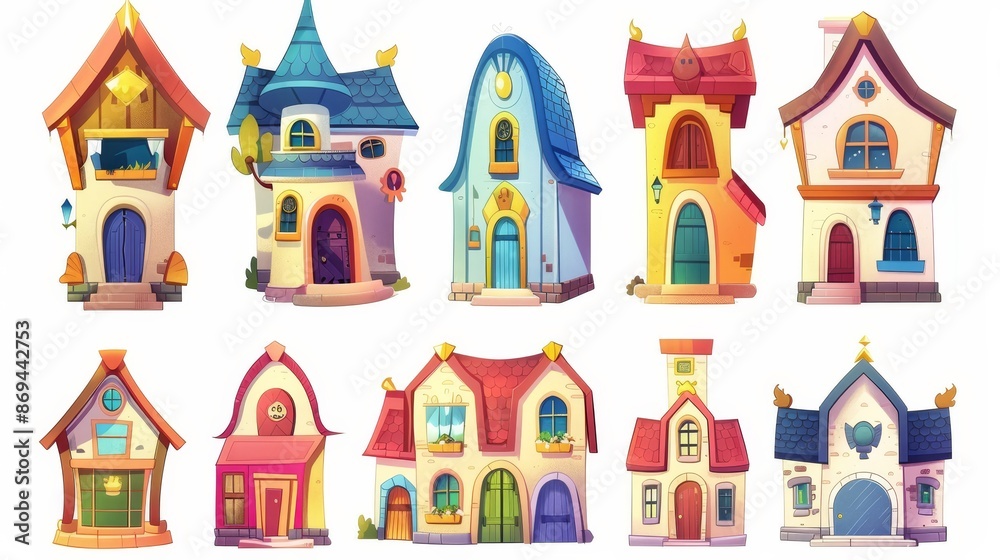 Building icons for modern houses. Animation of a village cottage building with a window, terrace, and garage. Variety of little brick buildings isolated on a white background. Building icons for modern houses. Animation of a village cottage building with a window, terrace, and garage. Variety of little brick buildings isolated on a white background.