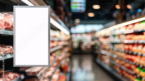 Blank price board with beef in supermarket abstract blurred background.