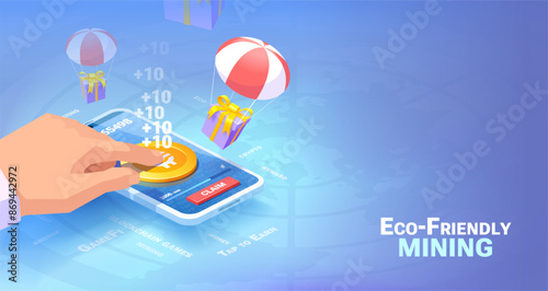 Eco-frendly mining concept. Play-to-earn blockchain games. Man quickly taps his finger on a cell phone screen to score virtual points.