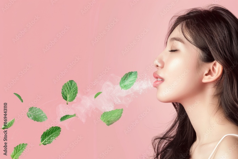 Young woman with fresh breath mint leaves pink background.