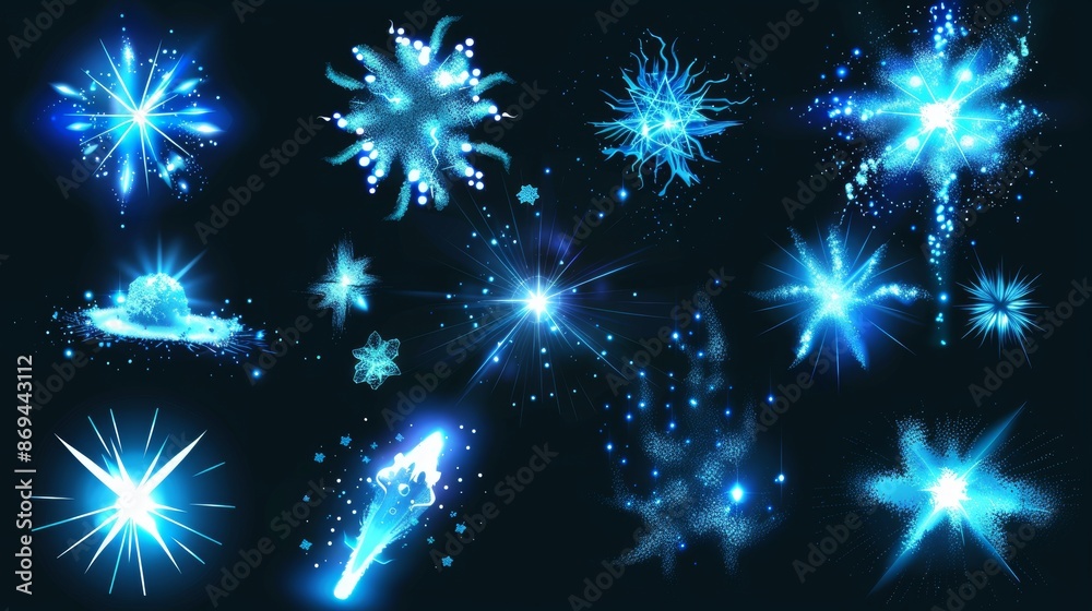 Modern effect set of blue illumination and light ray burst isolated on white background. Magic color flare spark explosion and shine glitter. Sunlight beam and starlight powder.