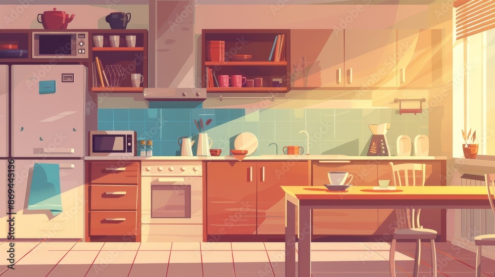 Kitchen interior design with furniture and tableware. Modern cartoon illustration of a morning cup of coffee on the table with brown drawers on the walls, a refrigerator, a microwave oven, and the Kitchen interior design with furniture and tableware. Modern cartoon illustration of a morning cup of coffee on the table with brown drawers on the walls, a refrigerator, a microwave oven, and the