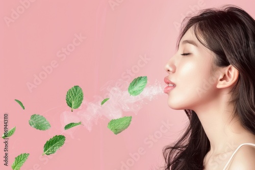 Obraz na płótnie Young woman with fresh breath mint leaves pink background. w salonie