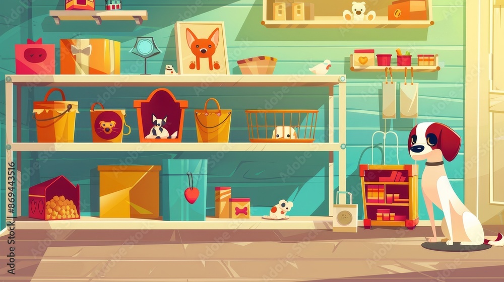 Animated modern cartoon illustration of a dog pet store with kennel carrier cage, care accessories, food item and bowl isolated equipment. Animated modern cartoon illustration of a dog pet store with kennel carrier cage, care accessories, food item and bowl isolated equipment.