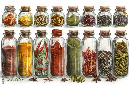 Fototapeta Naklejka Na Ścianę i Meble -  A close-up shot of various spices and herbs neatly arranged in glass jars at a spice market. Illustration on a clear white background --ar 3:2 --style raw Job ID: 87a0d716-5b05-4594-bce4-6b441bcedcae