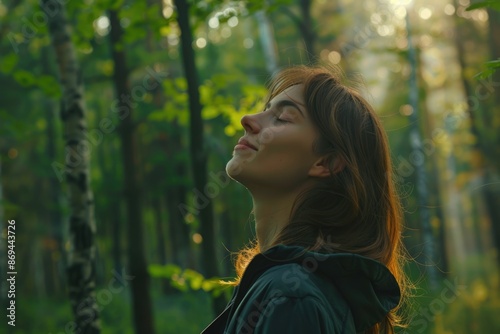 Profile of a relaxed woman breathing fresh air in a green forest