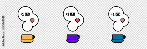 Set of hot cup of coffee or tea icons with steam and new message notification symbol. Vector clipart on a transparent background.