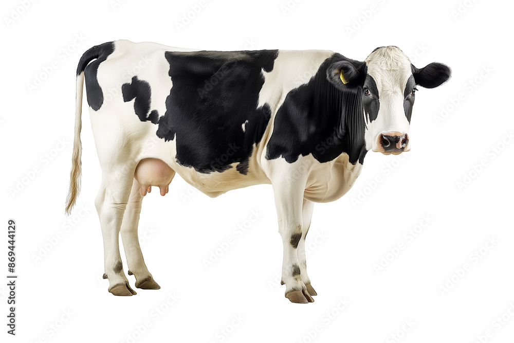 Isolated side view white and black cow looking at camera. Isolated side view white and black cow looking at camera.