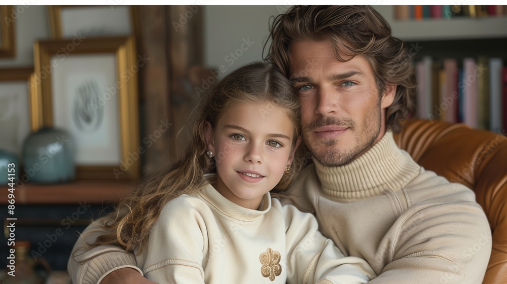 Young Girl And Father In Matching White Sweaters Smiling Close Together Young Girl And Father In Matching White Sweaters Smiling Close Together