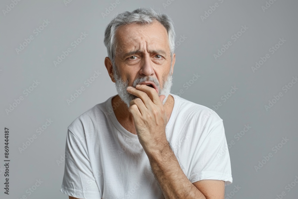 Middle aged man checking breath concerned about oral hygiene. Middle aged man checking breath concerned about oral hygiene.