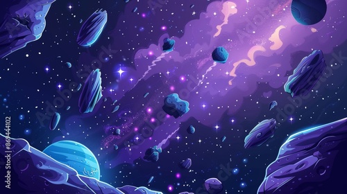 Modern cartoon illustration of dark blue sky background with planets and asteroids, neon stars and nebula, comet stones flying in a galaxy. © Bundi