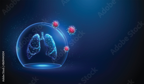 Abstract blue human lungs inside a glass dome and red viruses outside Neon sphere shield Healthcare protection medical concept Futuristic low poly style Geometric background Tecnology wireframe Vector photo