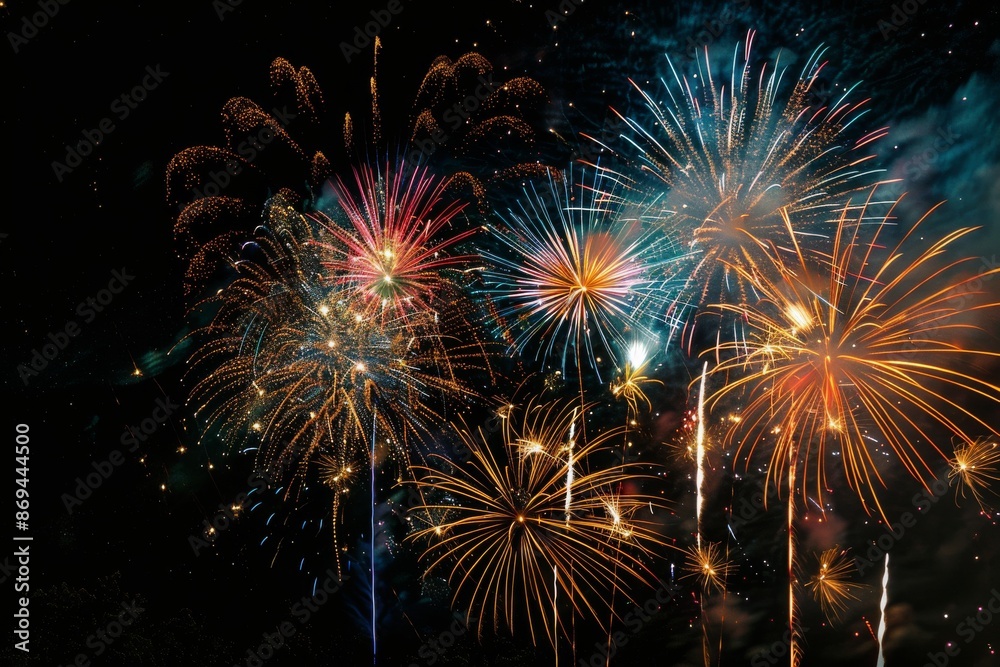 Naklejka premium A stunning display of colorful fireworks exploding in the night sky, casting a magical glow on the surroundings. The vibrant hues and patterns create a breathtaking spectacle.