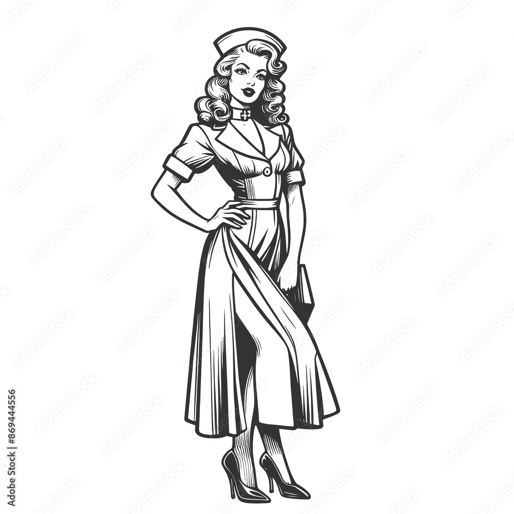 pin-up styled nun in flirtatious pose, playful retro fashion sketch engraving generative ai fictional character raster illustration. Scratch board imitation. Black and white image. pin-up styled nun in flirtatious pose, playful retro fashion sketch engraving generative ai fictional character raster illustration. Scratch board imitation. Black and white image.