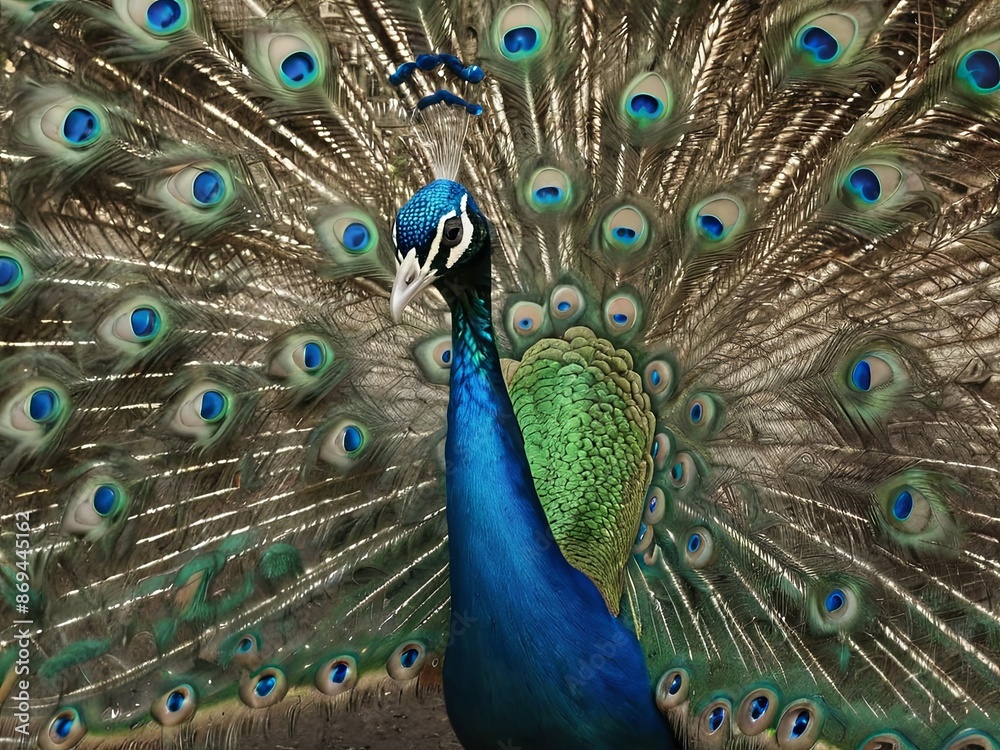Fototapeta premium Peacock with vibrant feathers fully fanned out showcasing its colorful plumage