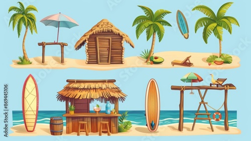 A summer sea sand shore cafe with cocktails and fruits. Hawaiian tropical wooden and bamboo hut with thatch or straw roof.