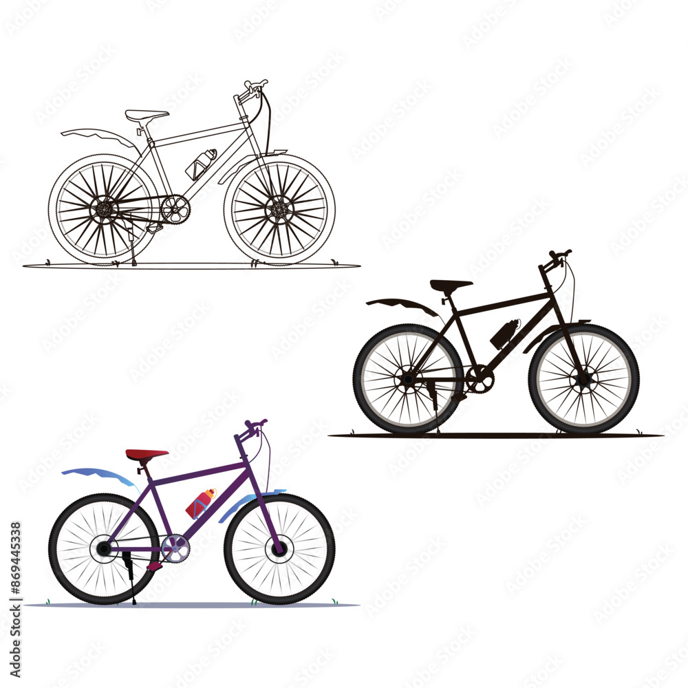 Fototapeta premium Two wheeler, Bicycle or Cycle Black illustration Silhouettes