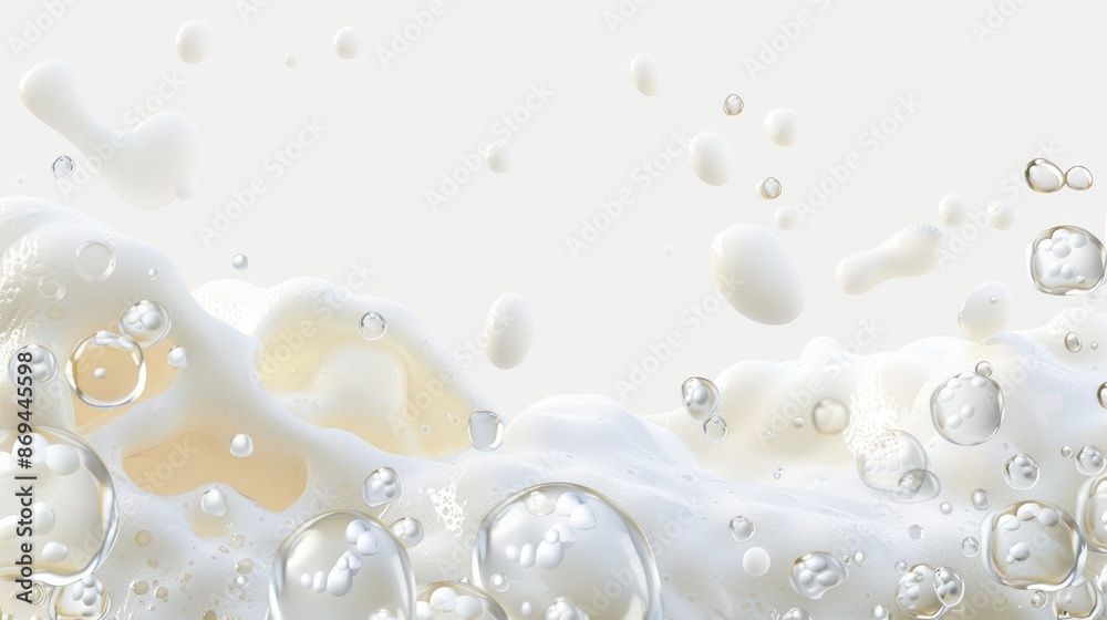 Sea or ocean wave, laundry cleaning detergent spume, realistic 3D modern illustration of beer foam isolated on transparent background. White soap bubbles texture with a seamless border, foamy frame.