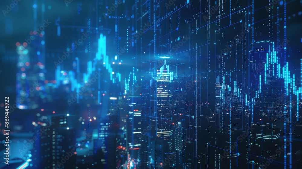 The background is the city skyline, with financial charts glowing in blue and orange lines on top of it. The background is the city skyline, with financial charts glowing in blue and orange lines on top of it.