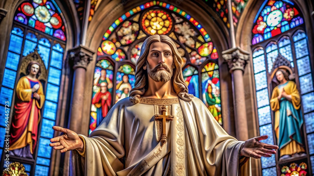 Jesus statue in a church, with stained glass in the background. Jesus statue in a church, with stained glass in the background.
