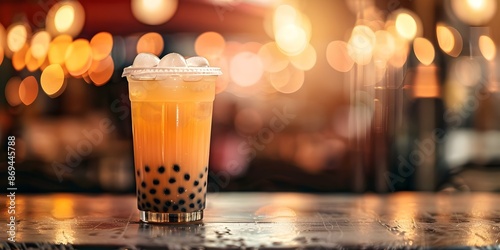 Bubble tea with tapioca pearls in tall glass on blurred background. Concept Bubble Tea, Tapioca Pearls, Tall Glass, Blurred Background photo