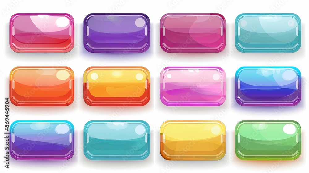 Stylish cartoon set of blank glossy web buttons in a rainbow of colors, ideal for game menus, mobile apps, and website interfaces. Stylish cartoon set of blank glossy web buttons in a rainbow of colors, ideal for game menus, mobile apps, and website interfaces.