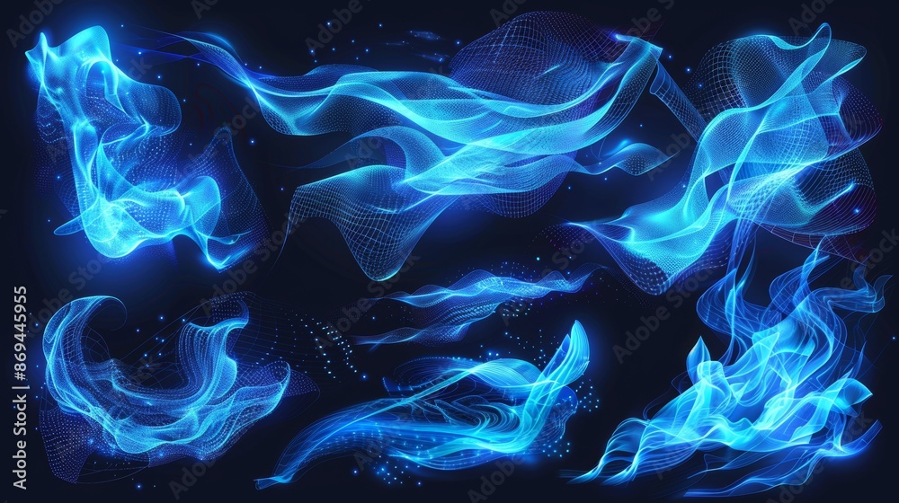 Obraz premium Fresh cool wave modern. Clean conditioner stream swirl. Transparent suction 3D element. Cleaner purification frost trail texture. Breezy vortex graphic.