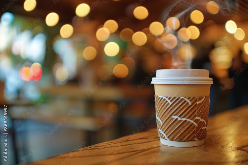 Cozy Coffee Break in a Vibrant Cafe - Coffee Cup with Artistic Sleeve, Steam, Lively Atmosphere with People in Background Cozy Coffee Break in a Vibrant Cafe - Coffee Cup with Artistic Sleeve, Steam, Lively Atmosphere with People in Background