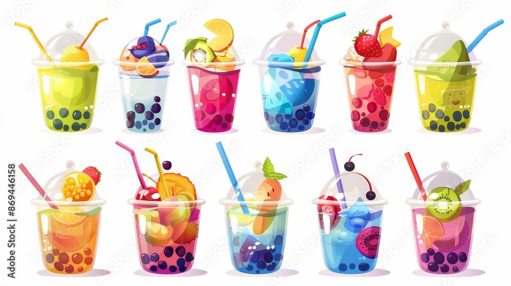 This is a cartoon illustration set of cold beverage in plastic cup with ice and balls. It features orange, milk with berries and green with mint leaves for a summer beverage. This is a cartoon illustration set of cold beverage in plastic cup with ice and balls. It features orange, milk with berries and green with mint leaves for a summer beverage.