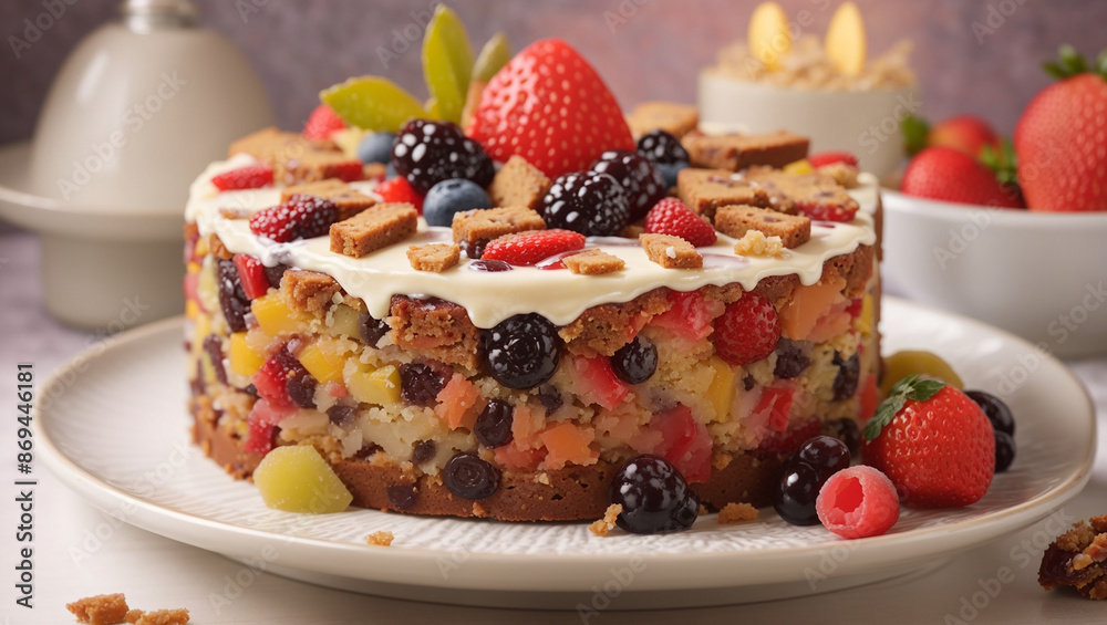 The image shows a fruitcake with a variety of berries on top. There are two teacups in the background The image shows a fruitcake with a variety of berries on top. There are two teacups in the background