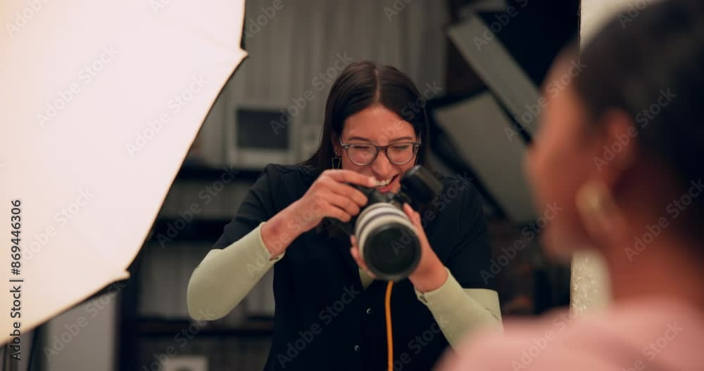 Happy woman, photographer and fun shoot with client for joyful or cheerful expression in studio. Friendly female person or producer talking to model for picture, photography or moment with camera