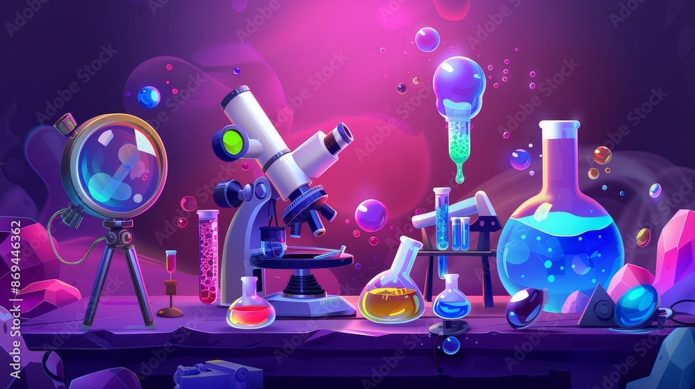 Fototapeta premium Research glassware and materials in a research laboratory. Glass beakers, flasks, pipes, and microscope on a table. Chemical or medical science experiment equipment.