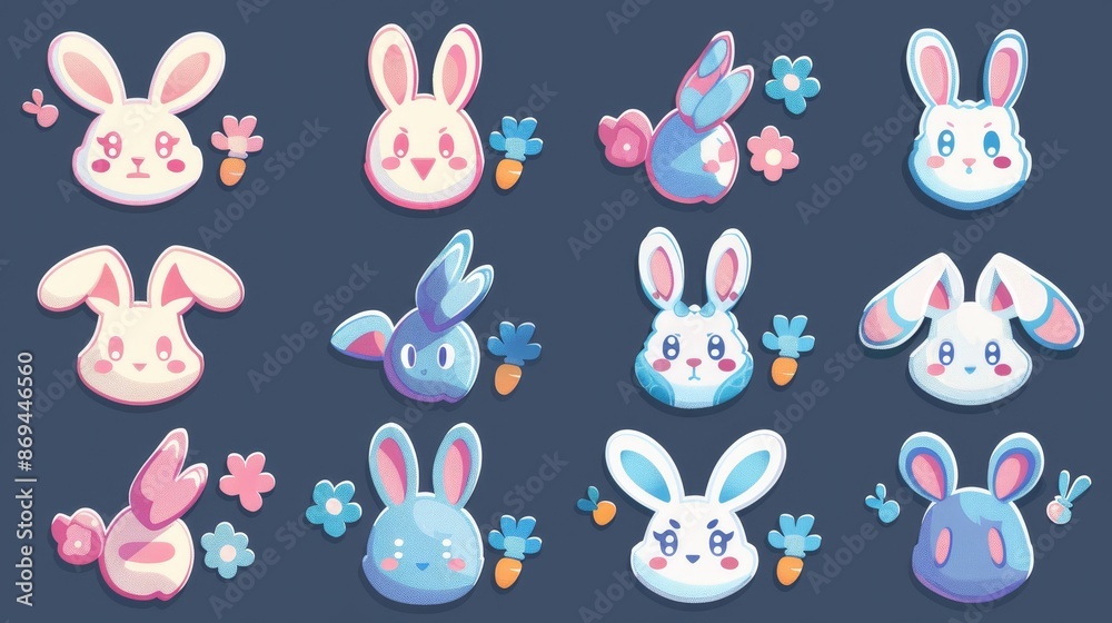 Isolated set of hair clips decorated with pink bunny, orange carrot, blue flower, children fashion, trendy styling decor. Isolated set of hair clips decorated with pink bunny, orange carrot, blue flower, children fashion, trendy styling decor.