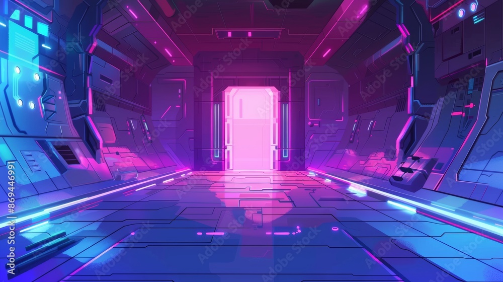 A futuristic spaceship metal door on a ship interior background. An indoor lock corridor with sliding steel gates makes the entryway into the secret room more dynamic. A cartoon illustration of a A futuristic spaceship metal door on a ship interior background. An indoor lock corridor with sliding steel gates makes the entryway into the secret room more dynamic. A cartoon illustration of a