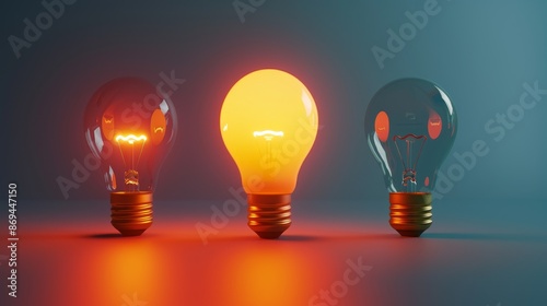 Three light bulbs are lit up, one of which is glowing orange