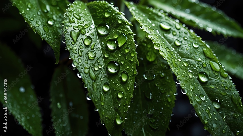 green macro leaf raindrops on fresh green leaves on a background 